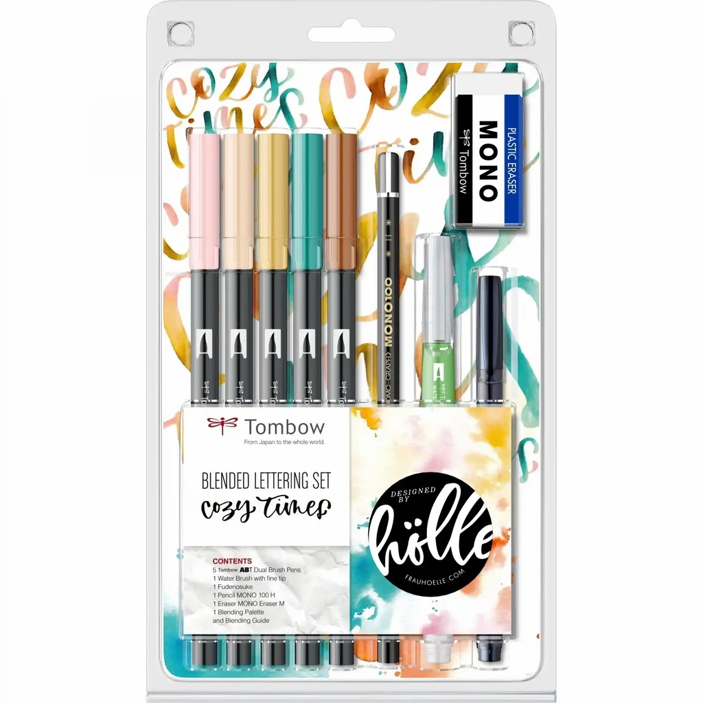 Set pentru caligrafie si watercoloring Tombow Cozy Times Lettering, ABT Markers, Creion Mono, Pensula Fina, Marker Caligrafic si Radiera
