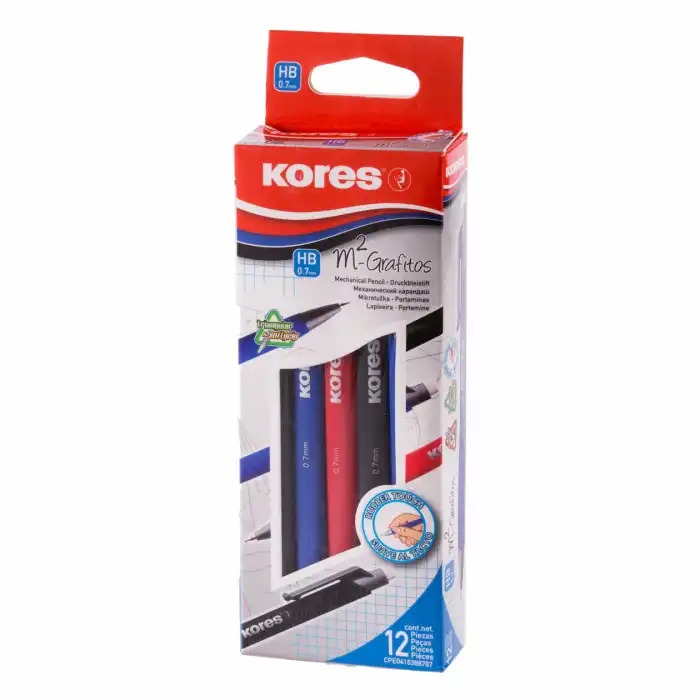 Set 12 creioane mecanice M2 Kores Grafitos, 0.7 mm, ergonomice, cu radiera si clip, 3 culori