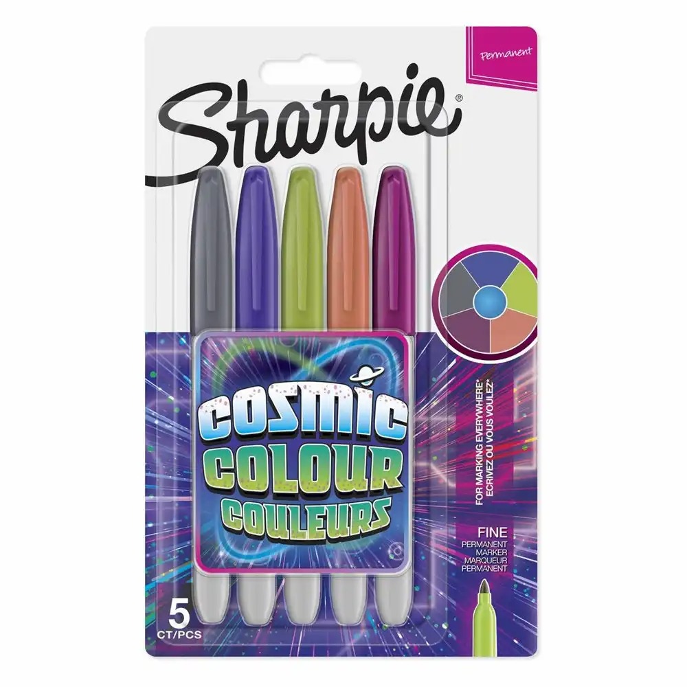 Set 5 markere permanente Papermate Sharpie, culori cosmic vibrante, uscare rapida, varf fin