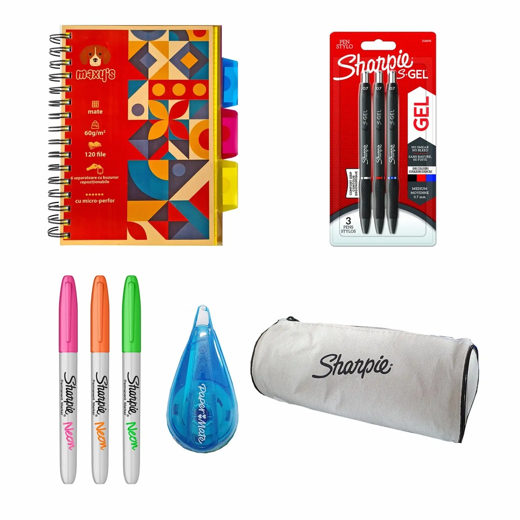 Set Sharpie si caiet cu separatoare, 8 piese, neon, pentru scriere precisa si creativa