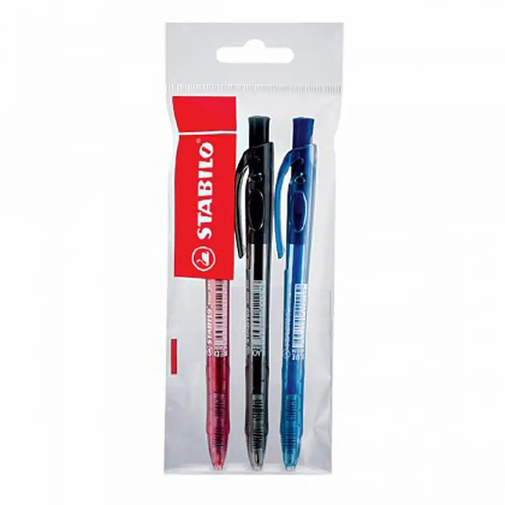 Pixuri cu mecanism Stabilo Liner 308 M, 0.45 mm, 3 culori - albastru, negru, rosu, set de 3 pensule confortabile