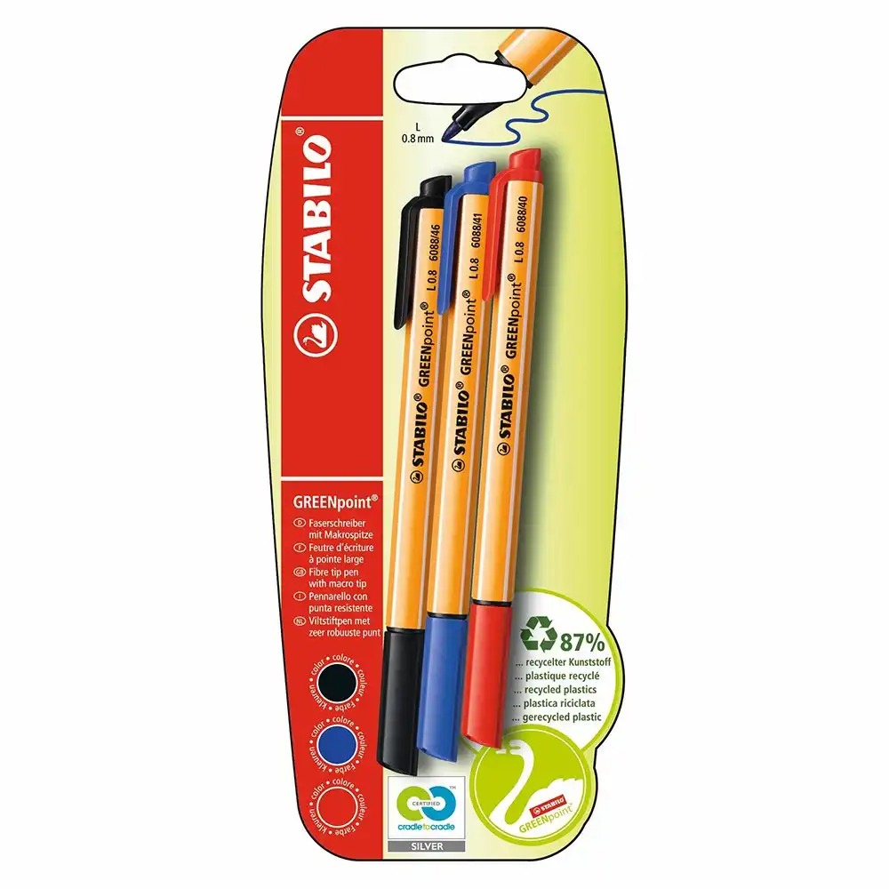 Set 3 markere Stabilo Greepoint 0.8 mm, albastru/negru/rosu, precizie si confort
