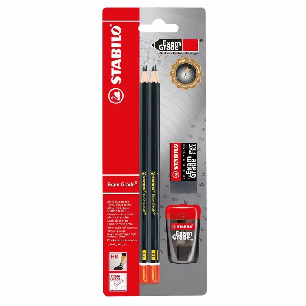 Set 4 creioane grafit Stabilo ExamGrade 2B, cu radiera fara PVC si ascutitoare, in blister