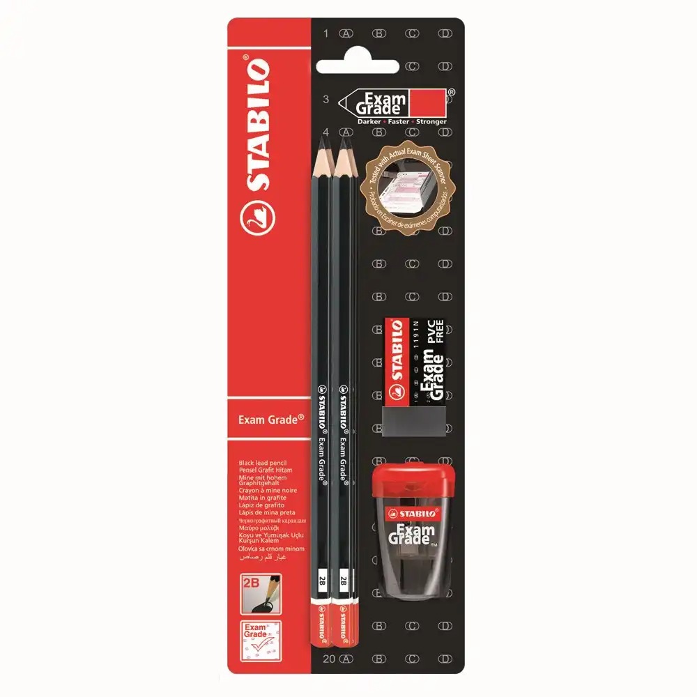 Creion grafit Stabilo Exam Grade HB, Set 4 Creioane, Ascusitoare si Radiera incluse