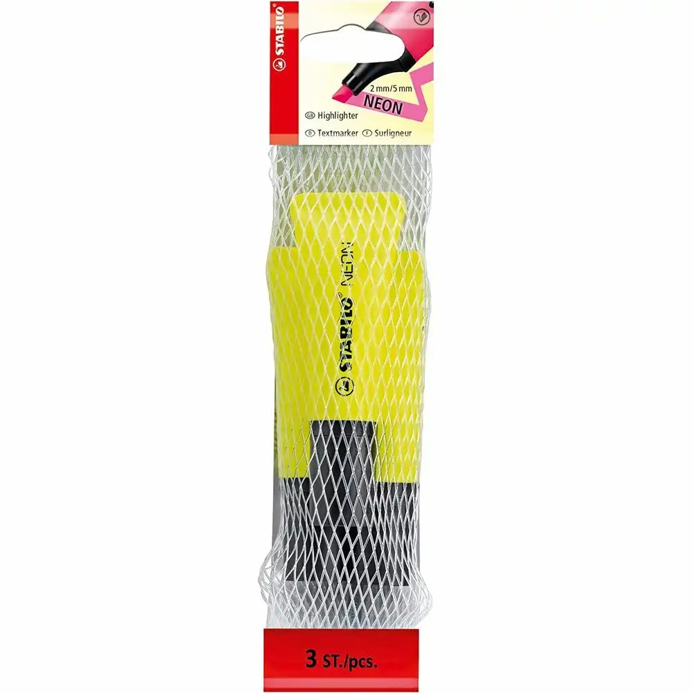 Set 3 Textmarkere Stabilo Neon, Galben, Varf Latit, Plasa de Protectie