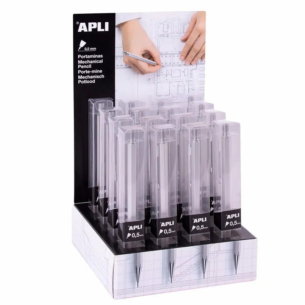 Set 16 creioane mecanice Apli, 0.5 mm, corp metalic, aspect elegant, capac si radiera, cutie individuala