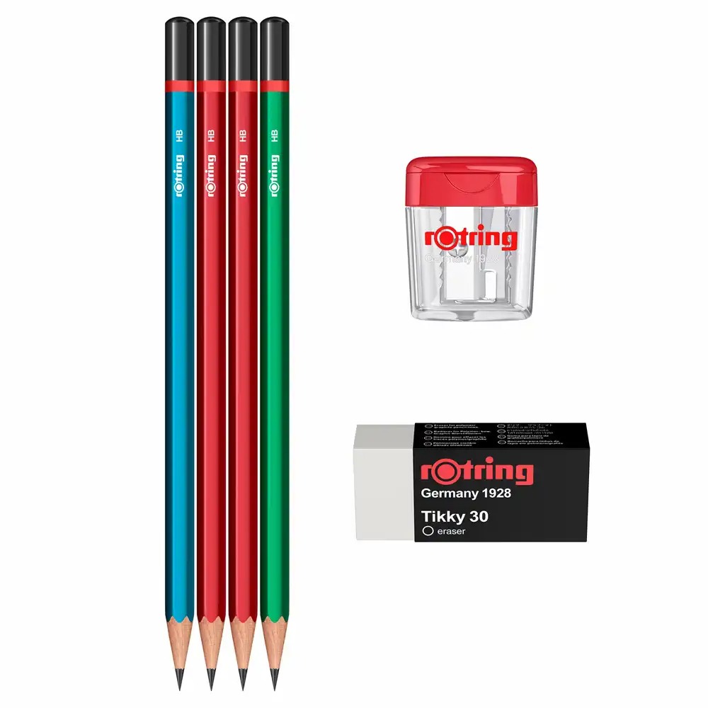 Set 4 creioane grafit Rotring HB, radiera Tikky30, ascutitoare cu container