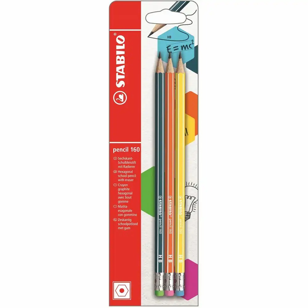 Set 3 creioane grafit Stabilo HB 160, galben/portocaliu/petrol, cu radiera integrata