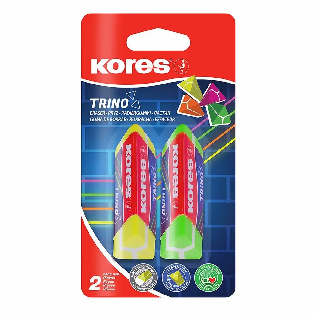 Radiera Kores Trino, Design Triunghiular, 2 Bucati, Moale si Eficienta, Albastru si Verde