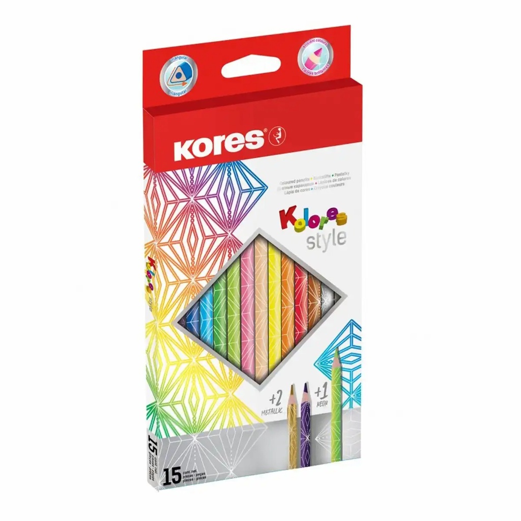 Set 15 Creioane Triunghiulare Kores, Culori Intense, Design Metalic, Lemn de Calitate