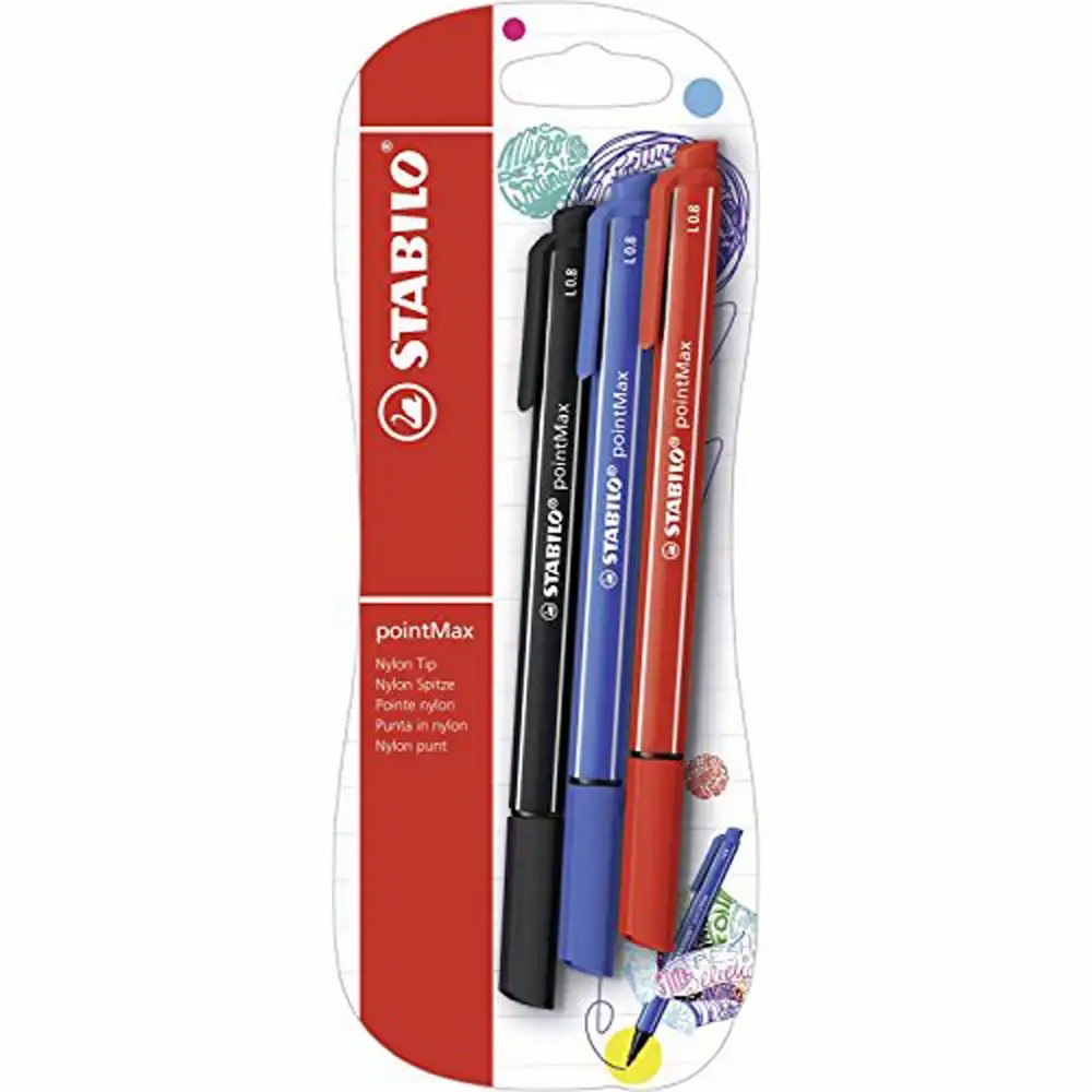 Set 3 Finelinere Stabilo PointMax, 0.8 mm, Ultramarin/Negru/Carmin, Scriere Lata si Precisa