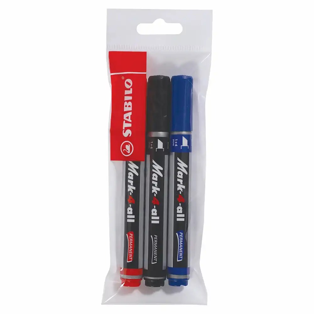 Set 3 markere permanente Stabilo Mark-4-all, varf tesit, 1-4 mm, albastru/negru/rosu, marcari precise si durabile