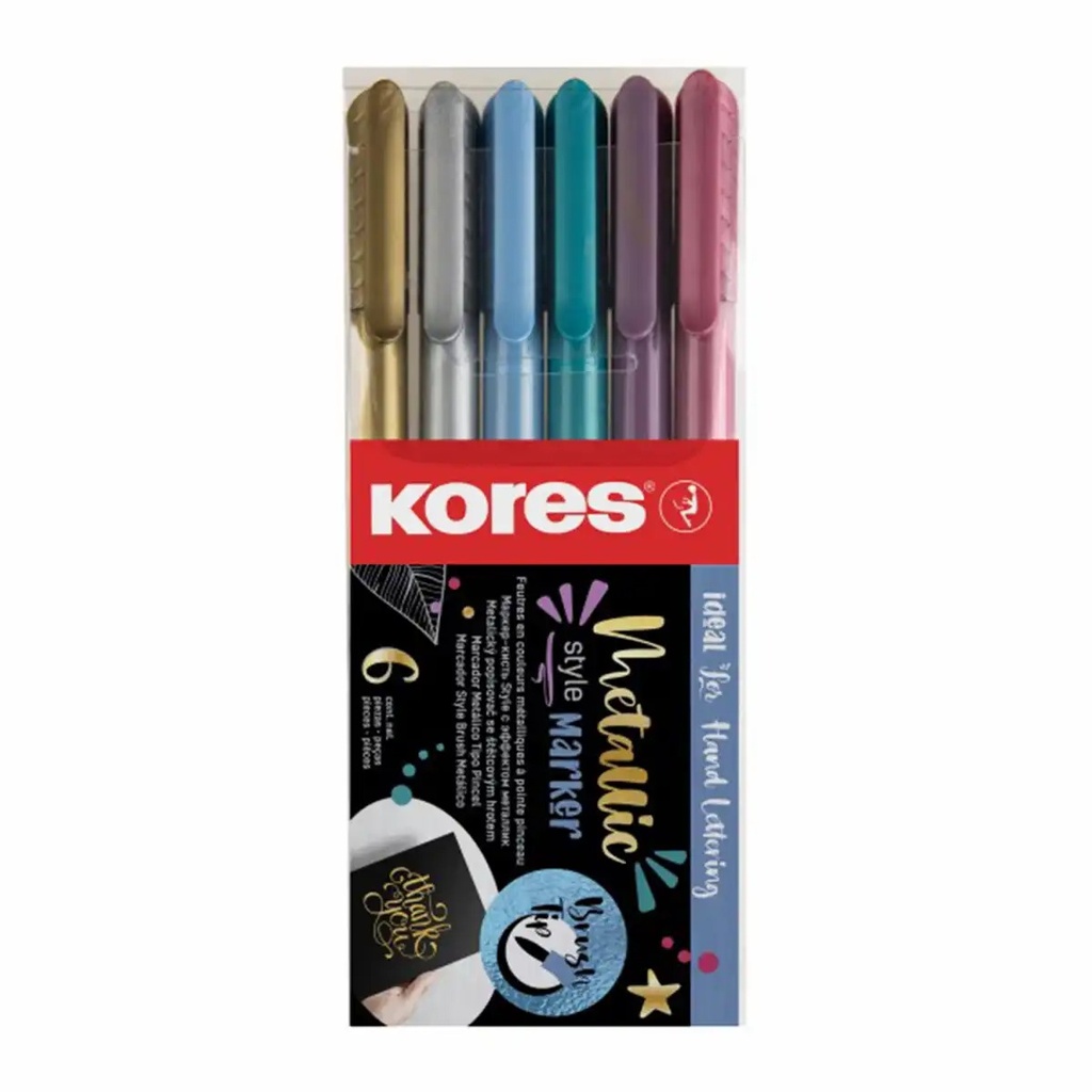 Set 6 markere permanente metalice Kores, varf tip pensula, culori stralucitoare, ideal pentru desen si decorare
