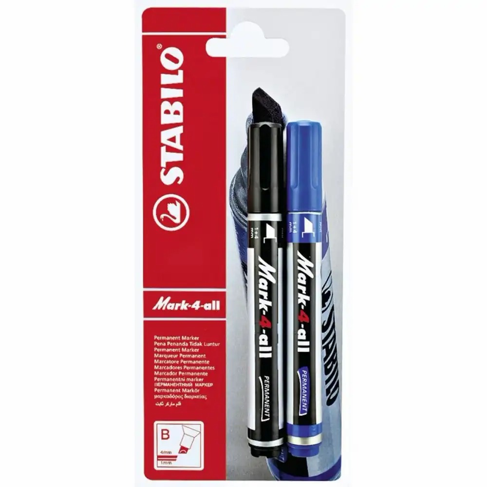Set 2 markere permanente Stabilo Mark-4-all, 651, F, 1.5 - 2.5 mm, albastru/negru, varf rotund