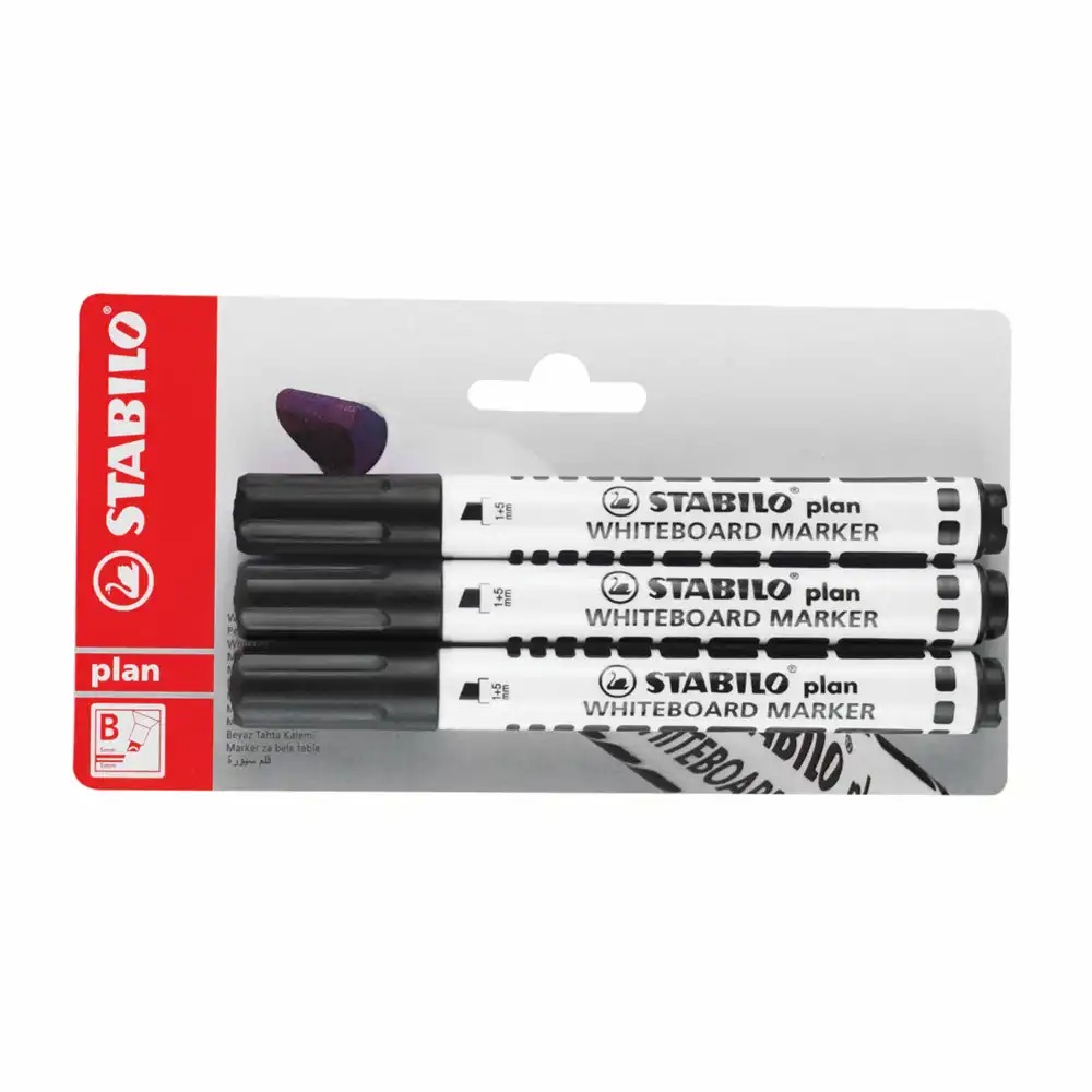 Marker pentru tabla Stabilo Plan, negru, varf tesit 1 - 5 mm, 3 bucati/blister, scriere nepermanenta