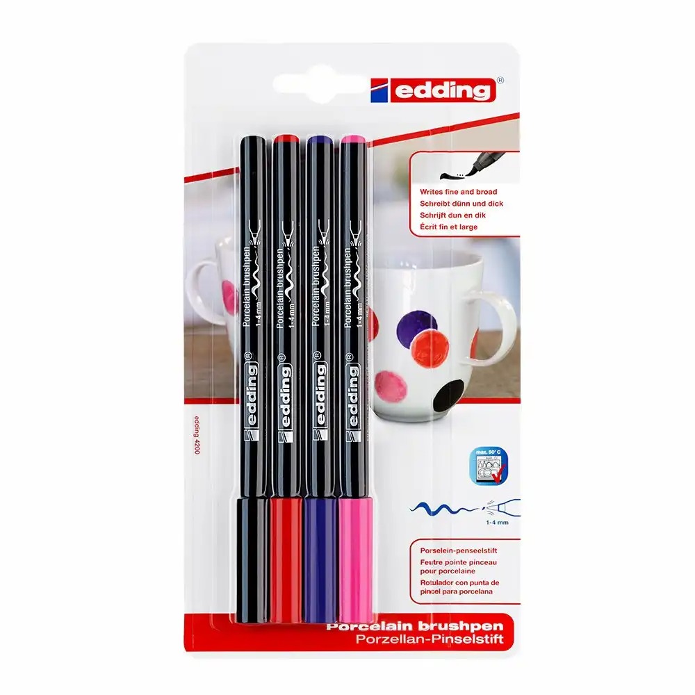 Marker Edding 4200, Varf Tip Pensula, 4 Culori Asortate, Instrument Versatil pentru Portelan si Sticla