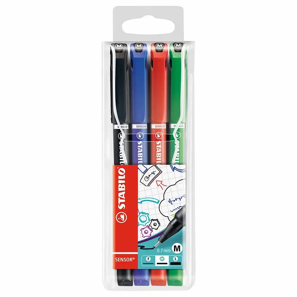 Set 4 Finelinere Stabilo Sensor, 0.7 mm, Culori Verde/Rosu/Albastru/Negru, Etui Plastic