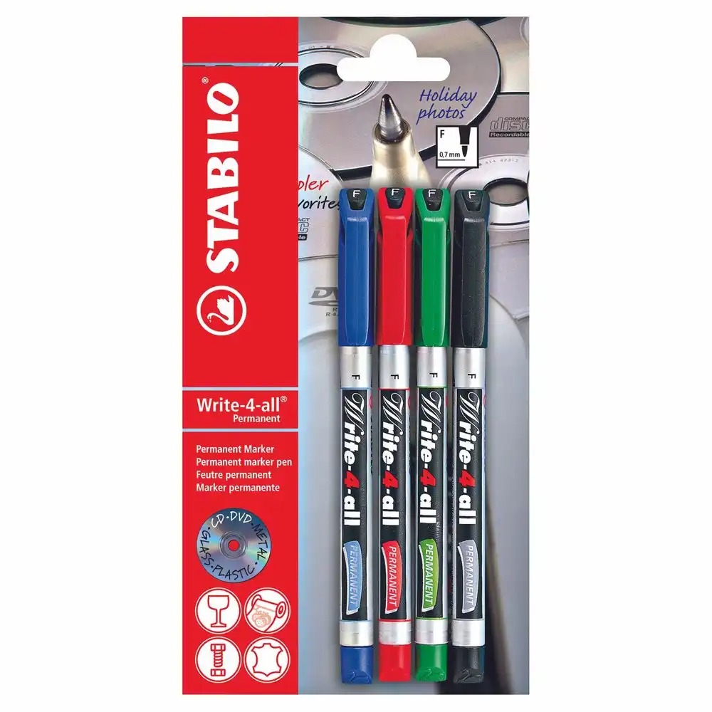 Set 4 markere permanente Stabilo Write-4-all, F, 0.7 mm, albastru/negru/rosu/verde