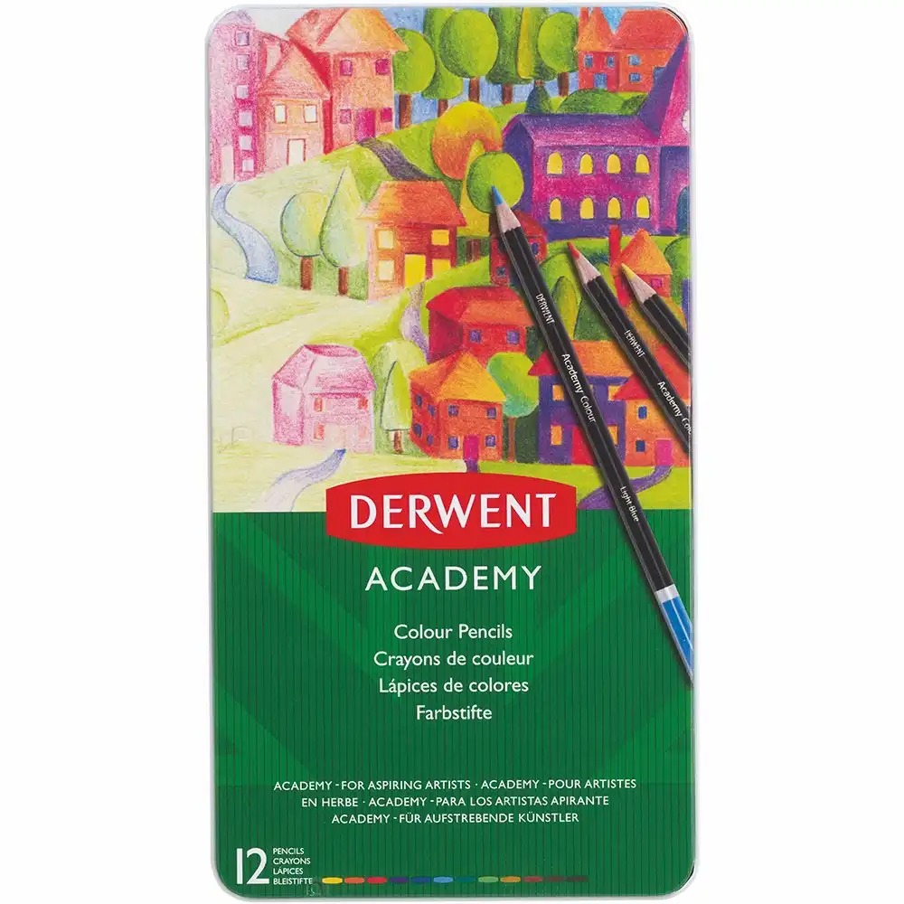 Creioane colorate DERWENT Academy, 12 culori, pentru artisti in devenire, culori vibrante, corp din lemn