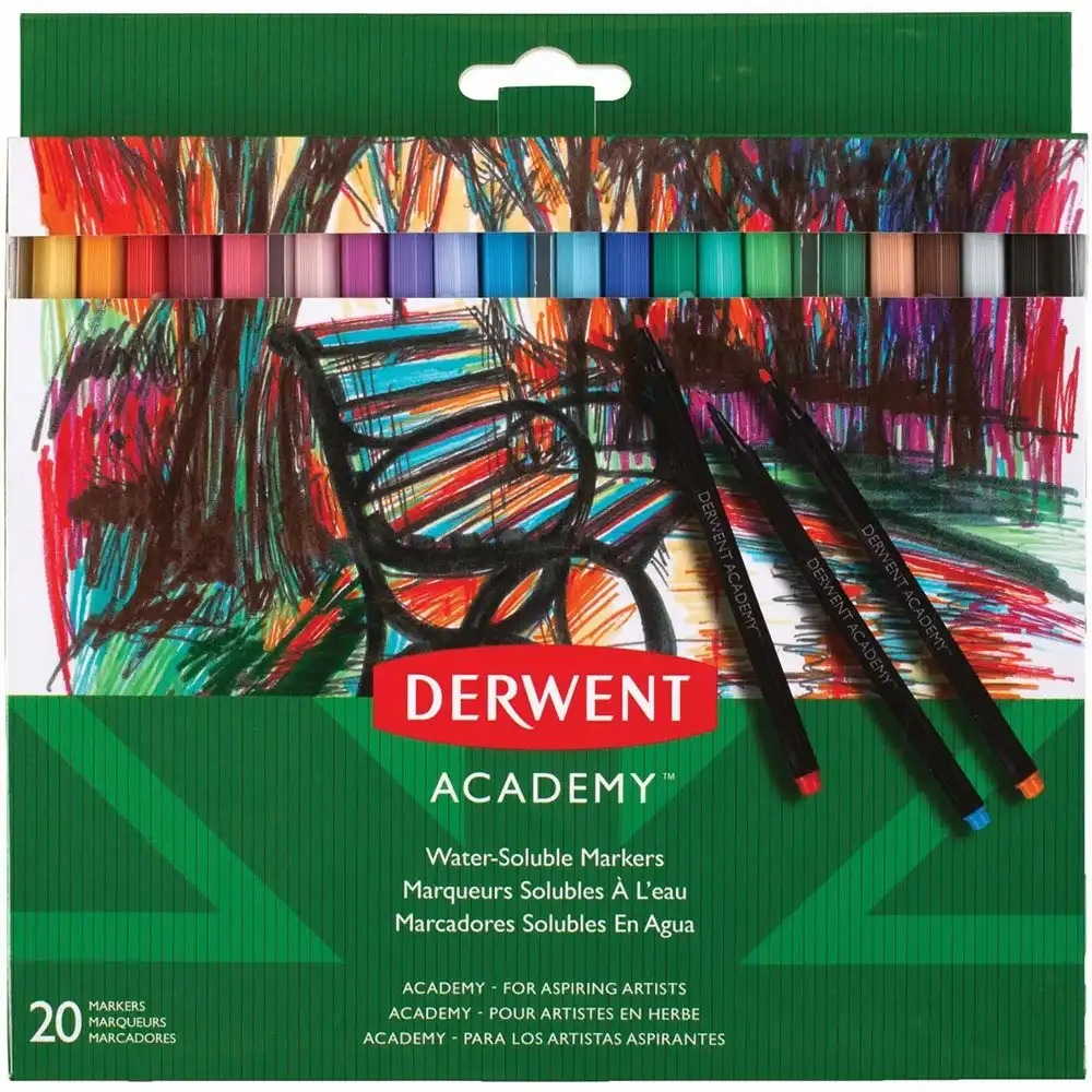 Carioci lavabile DERWENT Academy, 20 culori, solubile in apa, pentru artisti in devenire