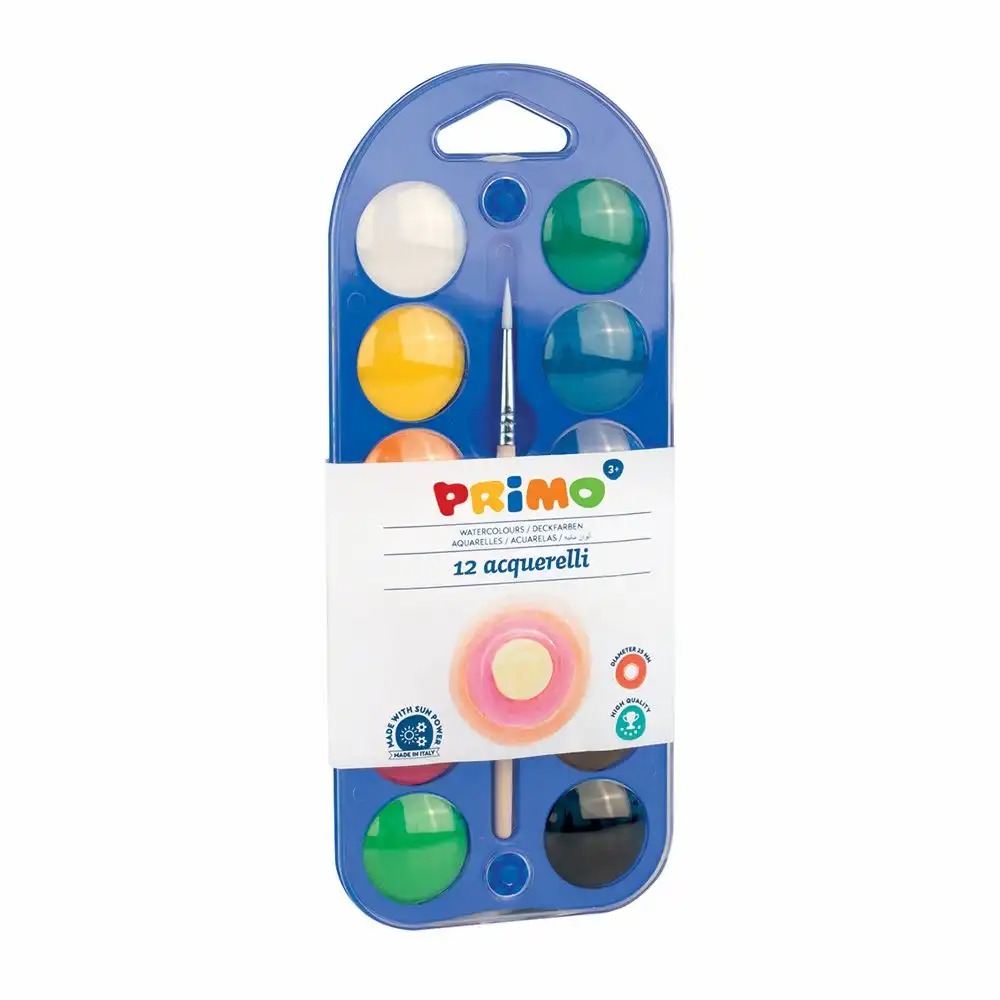 Acuarele Morocolor Primo, 12 culori, pastile 25 mm, culori intense si stralucitoare