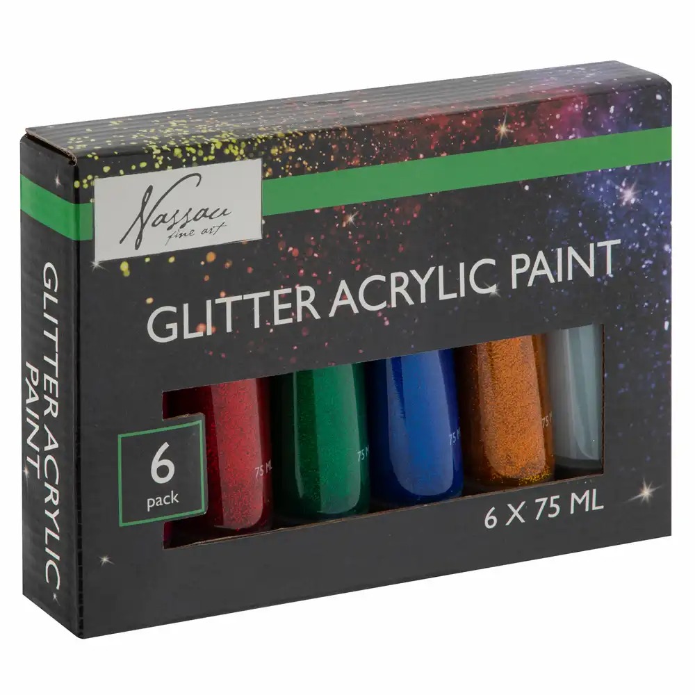 Set culori acrilice cu sclipici Nassau Fine Art, 6 culori, 75 ml - Rezistenta superioara la lumina, pentru efecte speciale si stralucire