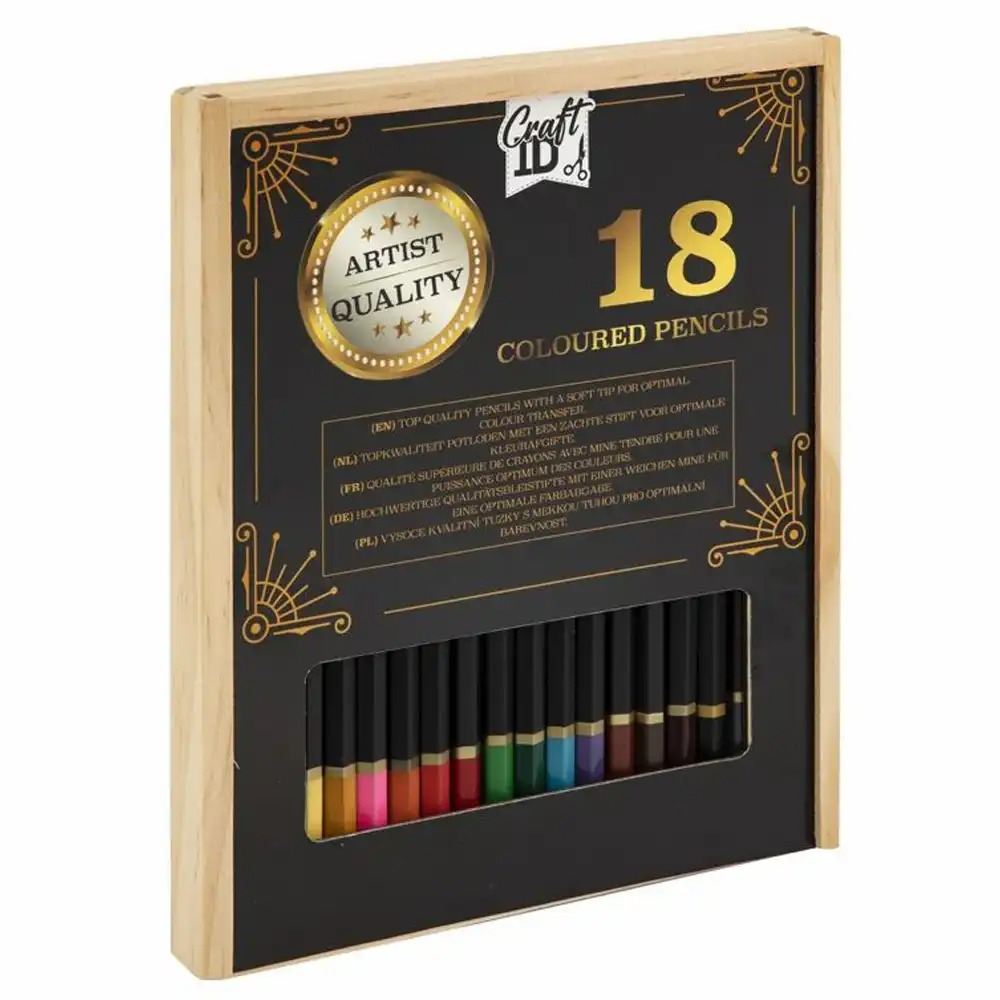 Set 18 creioane colorate Creative Craft ID in cutie de lemn, culori vibrante pentru desen si colorat