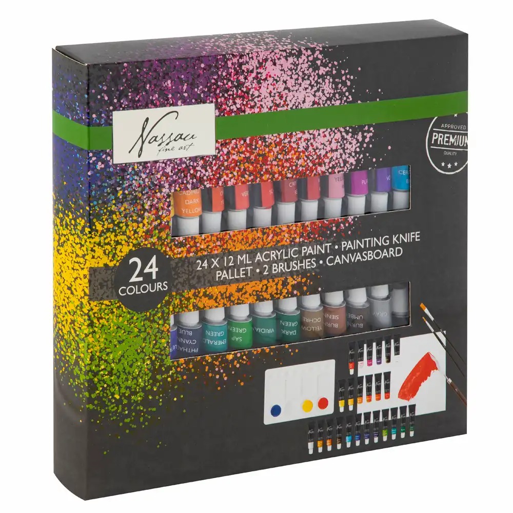 Set culori acrilice Nassau Fine Art, 24 culori, 12 ml, rezistenta si calitate superioara, amestecare usoara, capacitate excelenta de acoperire