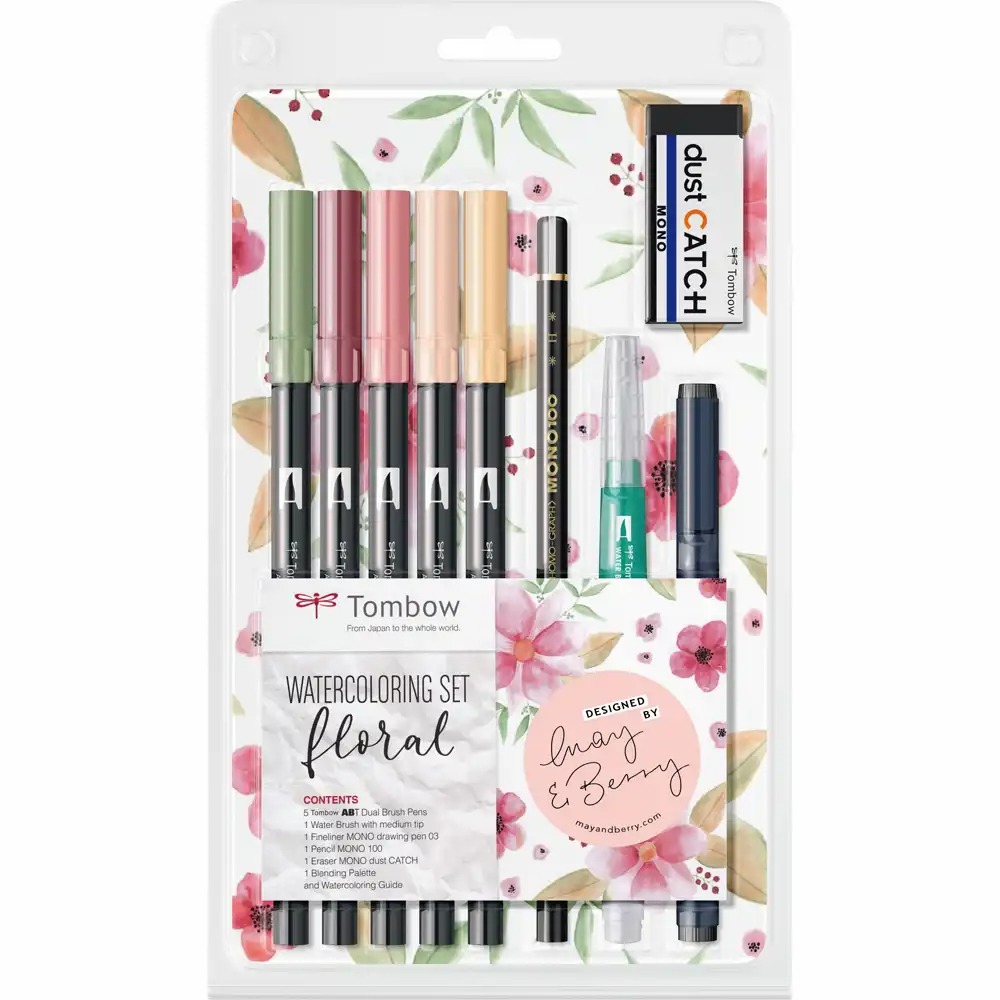 Set Tombow Watercoloring Acuarelabil Nuante Florale, ABT Pensula Duala, Creion MONO 100 H, Radiera Dust Catch, Pensula cu Rezervor, Liner Calibrat...
