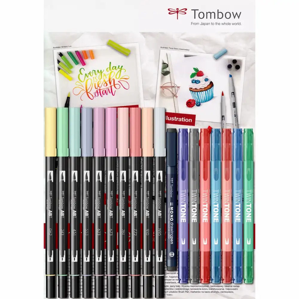 Set artistic Tombow Pastels, 19 piese: Markere acuarela, TwinTone, Fineliner Monodrawing, hartie A4 250g