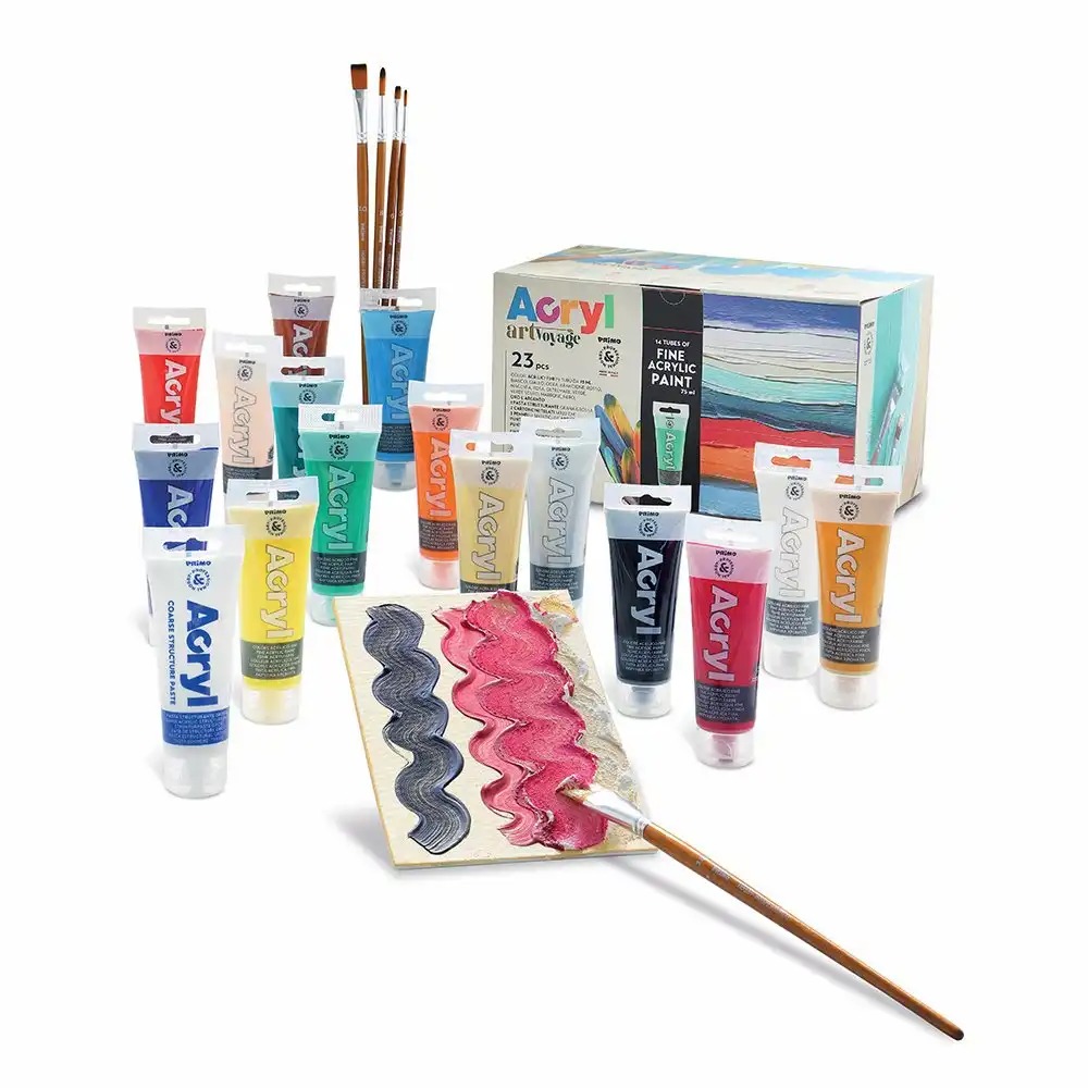 Set de acrilice Morocolor Primo, 75 ml, 14 culori + pasta modelare, 5 pensule + 2 placi de panza