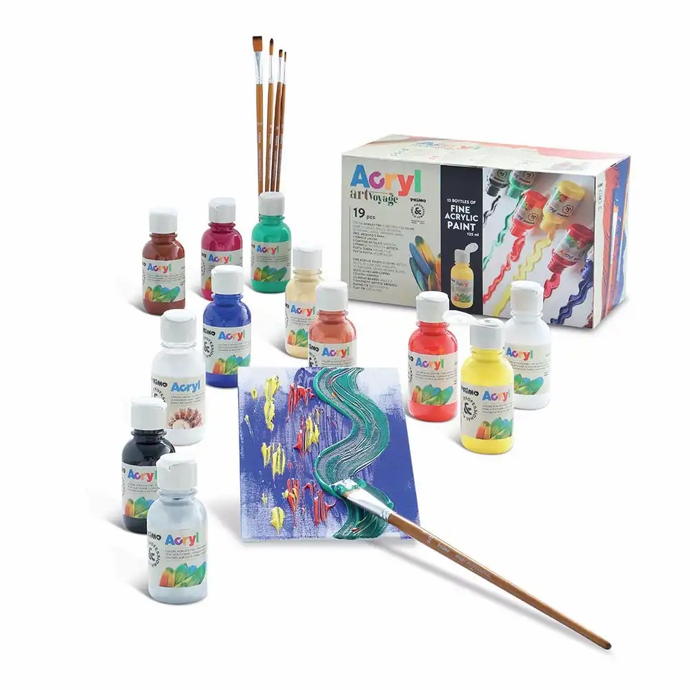 Set de acrilice Morocolor Primo, 125 ml, 11 culori + lac lucios si pensule, ideal pentru artisti in devenire