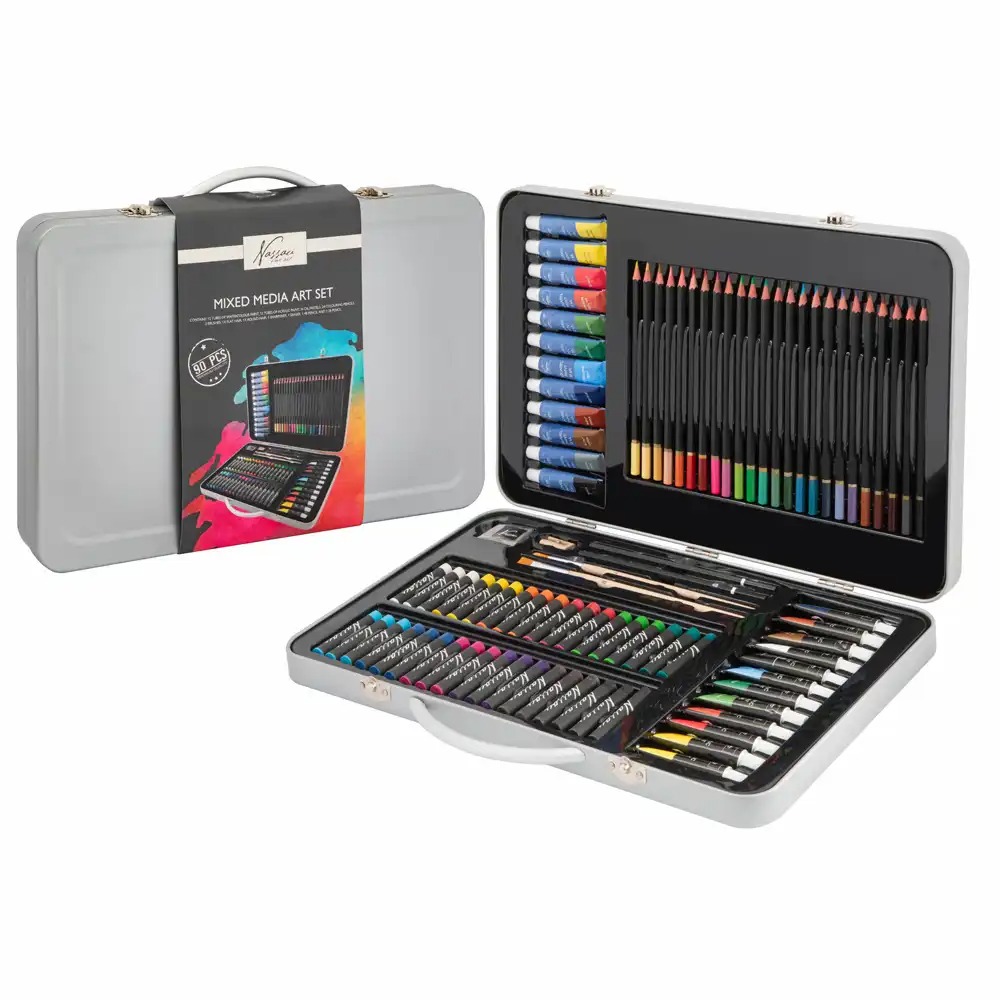 Set de desen si pictura Nassau Fine Art, 90 piese in cutie metalica, culori acrilice, creioane colorate, pensule si pasteluri