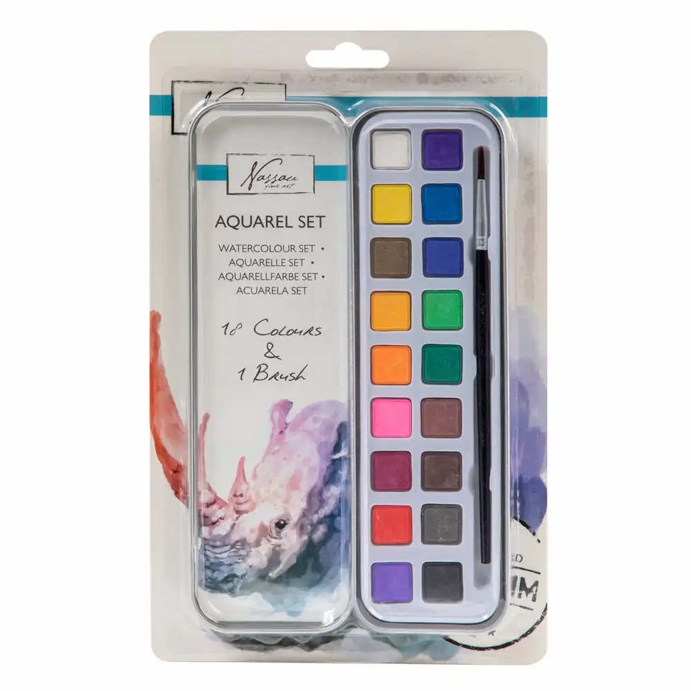 Set de culori acuarele Nassau Fine Art, 18 culori vibrante solubile in apa, ideal pentru toate nivelurile de experienta
