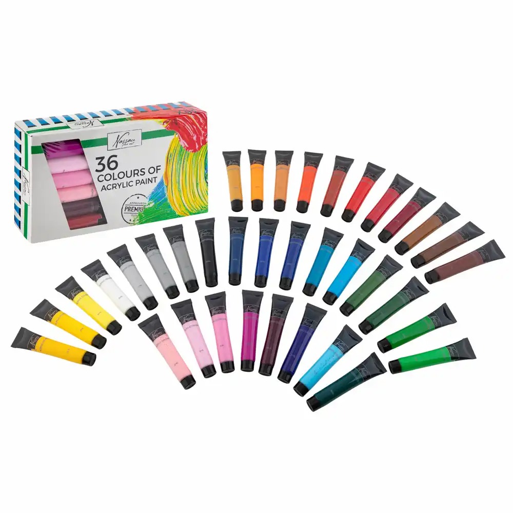 Set 36 tempera acrilica Creative Craft Nassau Fine Art, 20 ml - Culori Vibrante, Tuburi de 20 ml, Sigilate, Pigmenti Intensi