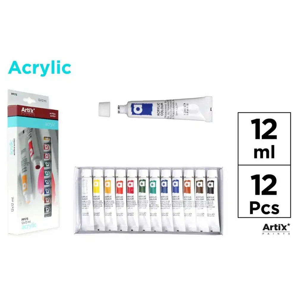 Set 12 culori tempera acrilica Artix Main Paper, 12 ml/flacon, pigmentatie puternica