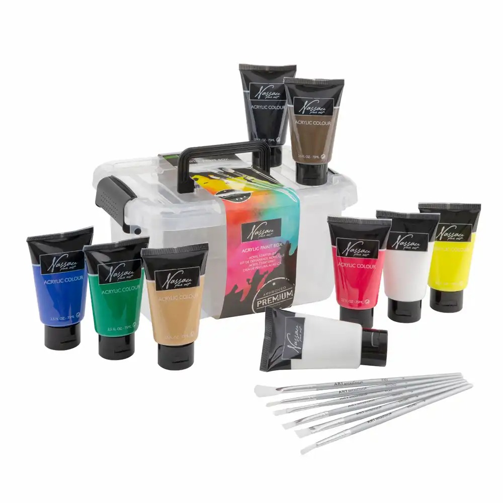 Set culori tempera acrilic Nassau Fine Art, 9 culori, 75ml + 6 pensule, pentru artisti de toate nivelurile