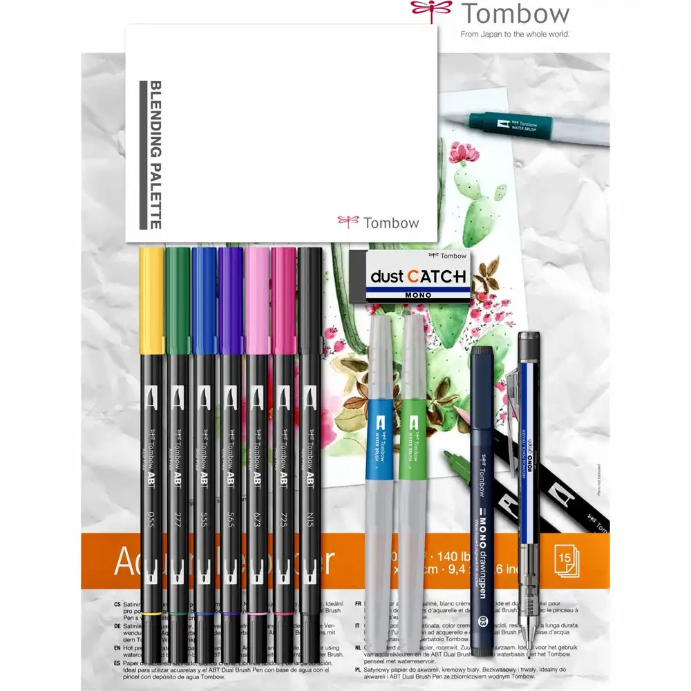 Set Tombow Watercoloring 14 piese, ideal pentru artisti - culori si instrumente premium