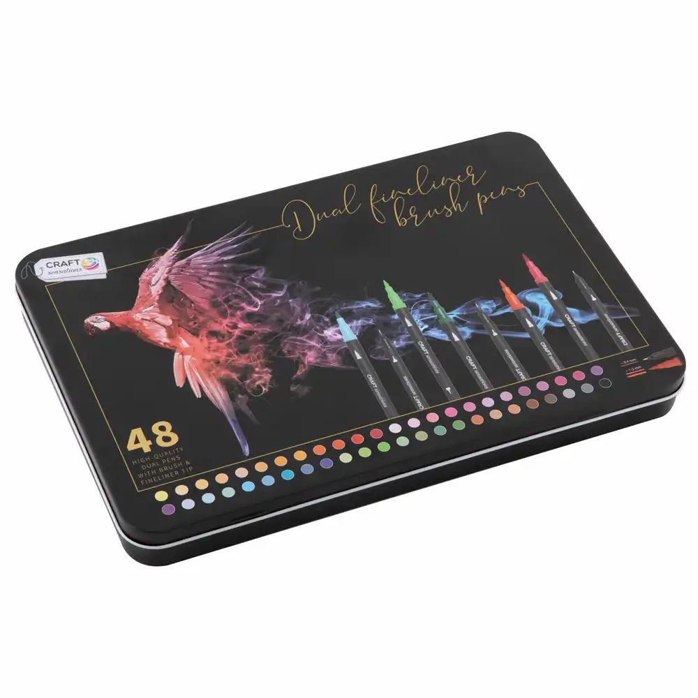 Set 48 markere Creative Craft, Varfuri Duble Pensula si Liner, Culori Diverse, Cutie Metalica