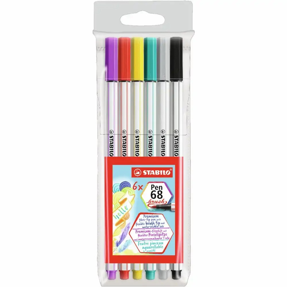 Set 6 markere Stabilo 68, varf pensula, culori vibrante pentru desen artistic