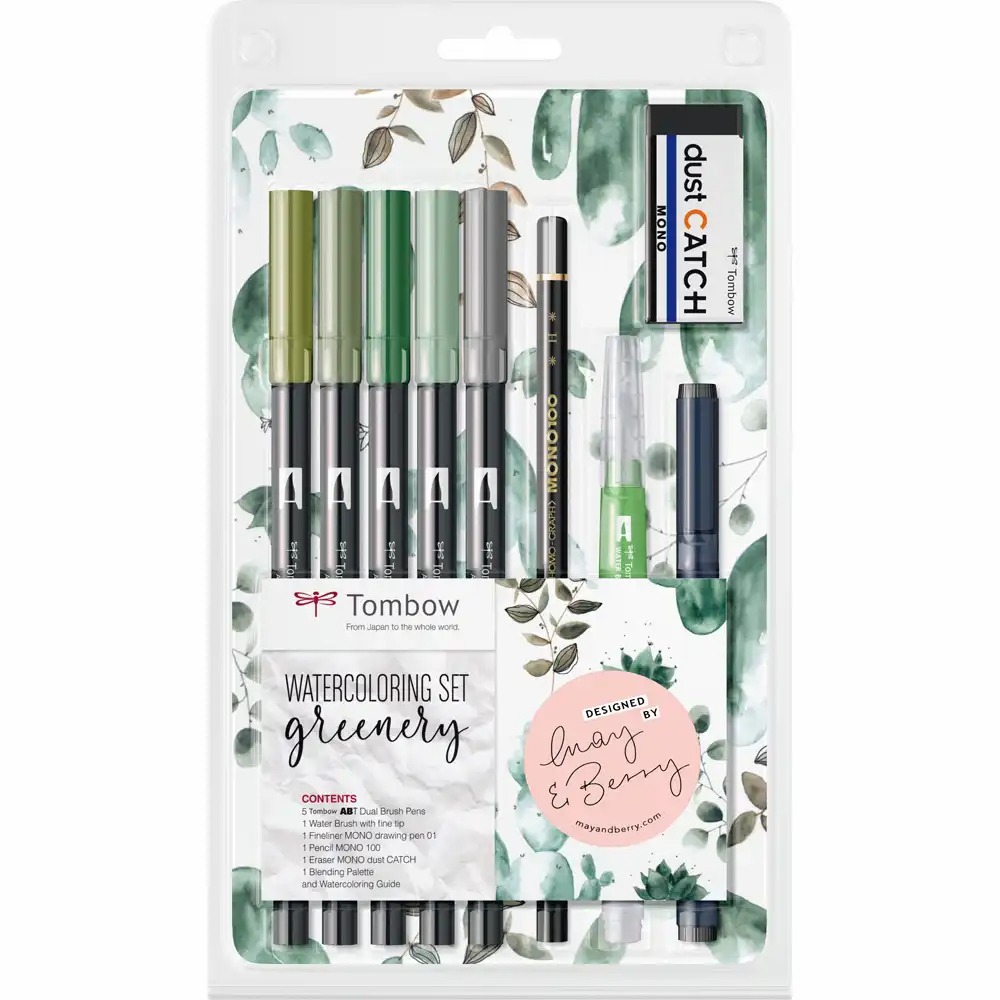 Set Tombow Watercoloring Acuarelabil Tones Naturale Verzi, ABT Pensula Duala, Creion MONO 100 H, Radiera Dust Catch, Pensula cu rezervor, Liner...