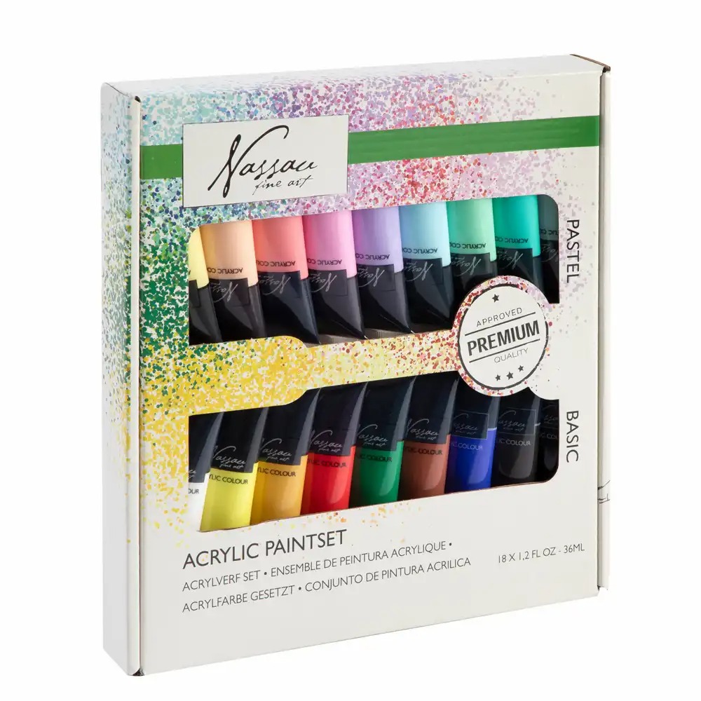 Set culori acrilice mix Nassau Fine Art, 18 culori x 36 ml, pigmenti puternici pentru pictura creativa