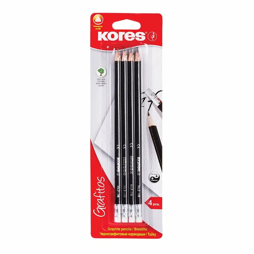 Creioane grafit Kores Grafitos, Corp Triunghiular Negru, HB, Set 4 buc. cu Radiera