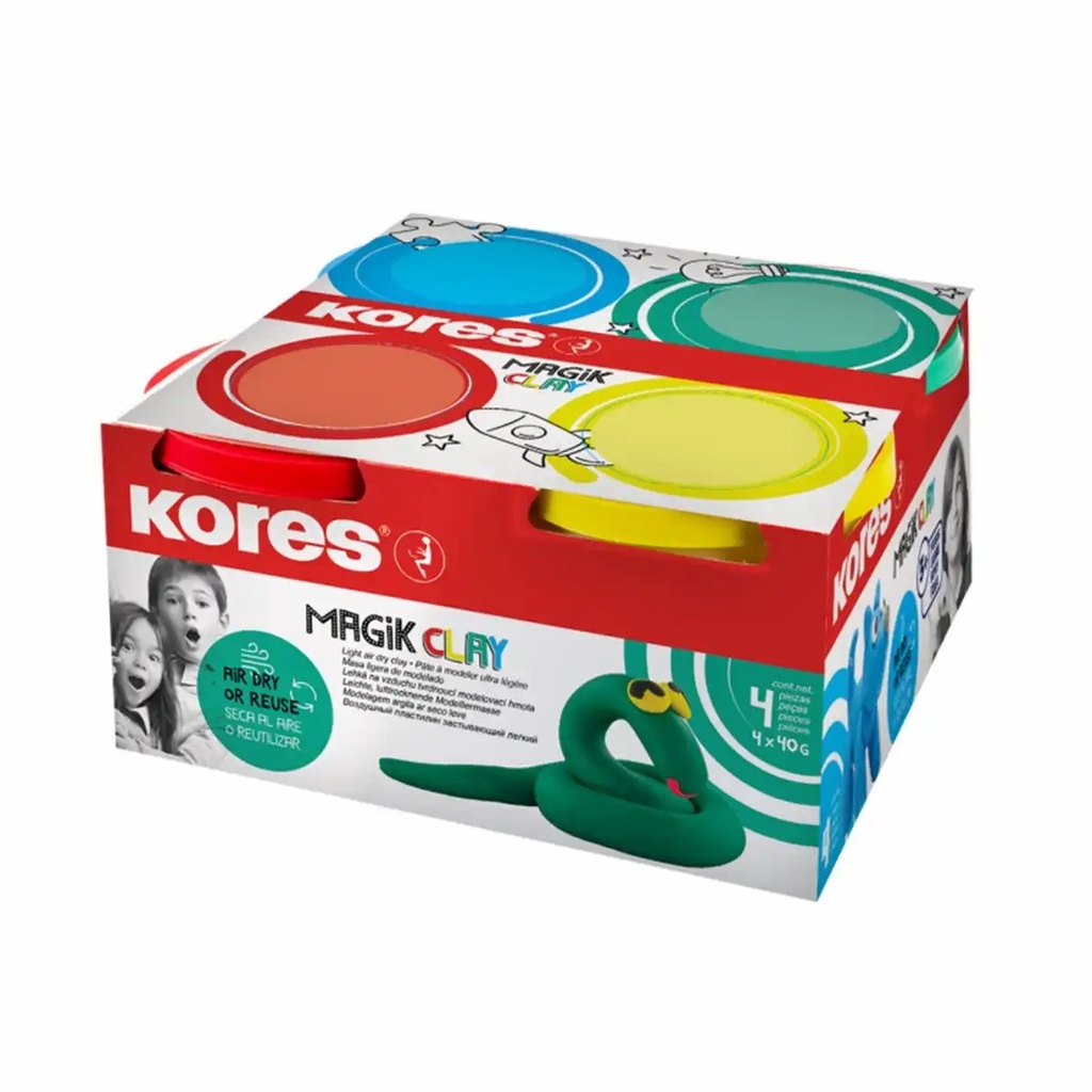 Set Plastilina Kores Magic Clay, 40 g x 4 culori intense, elastica si inodora, reutilizabila, fara pete