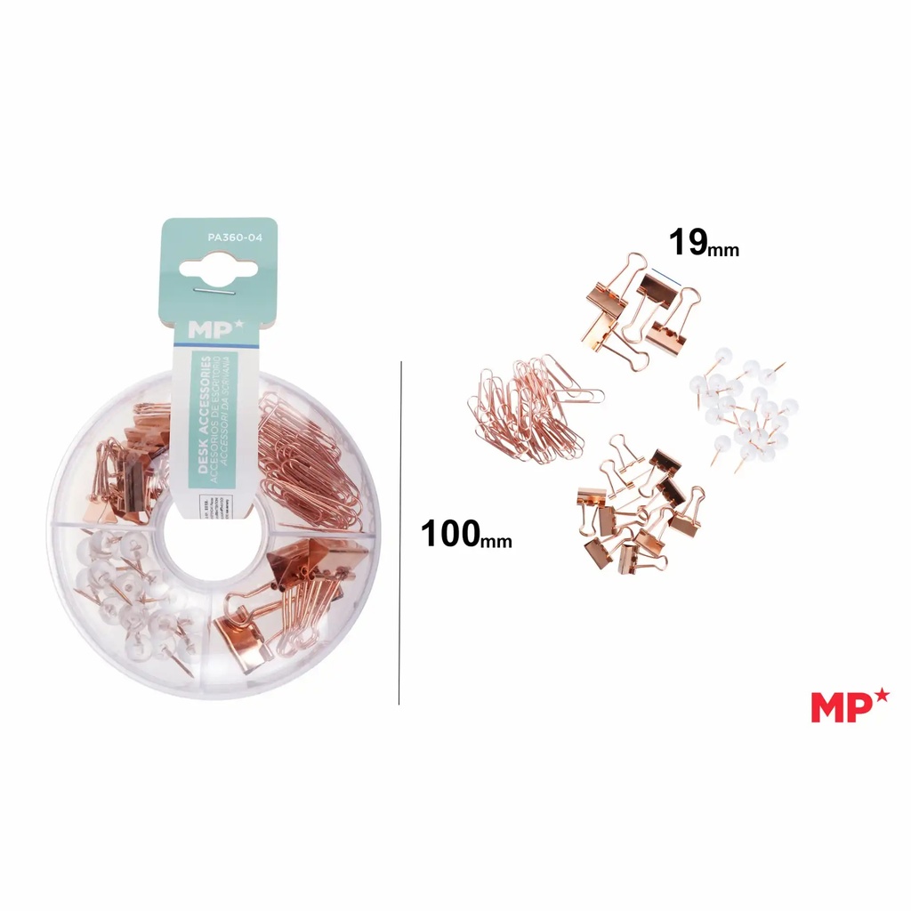 Set accesorii birou Main Paper, clipsuri 19 mm si 10 mm, agrafe si pioneze, organizare eficienta, lucru mai productiv