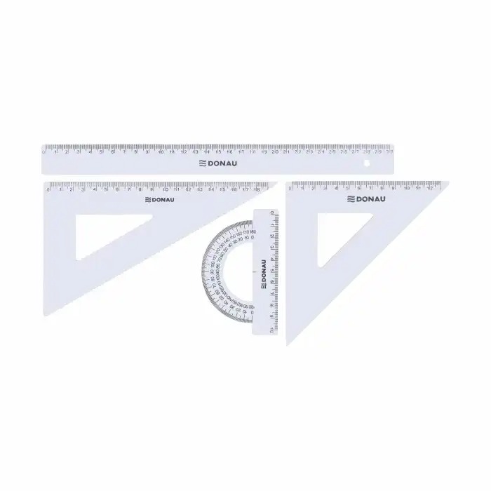 Set Geometrie Transparent Donau, Rigla 30 cm, Echere 13 cm si 18.5 cm, Raportor 10 cm, Material Durabil, Precizie si Utilitate