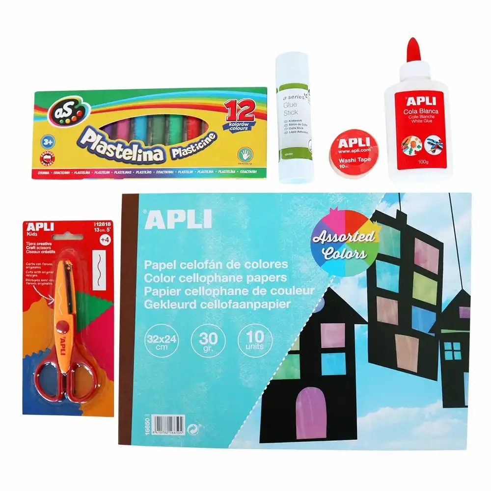 Pachet Kraft APLI: Lipici Solid, Foarfeca Creativa, Hartie Decupat, Banda Decorativa, Plastilina 12 Culori