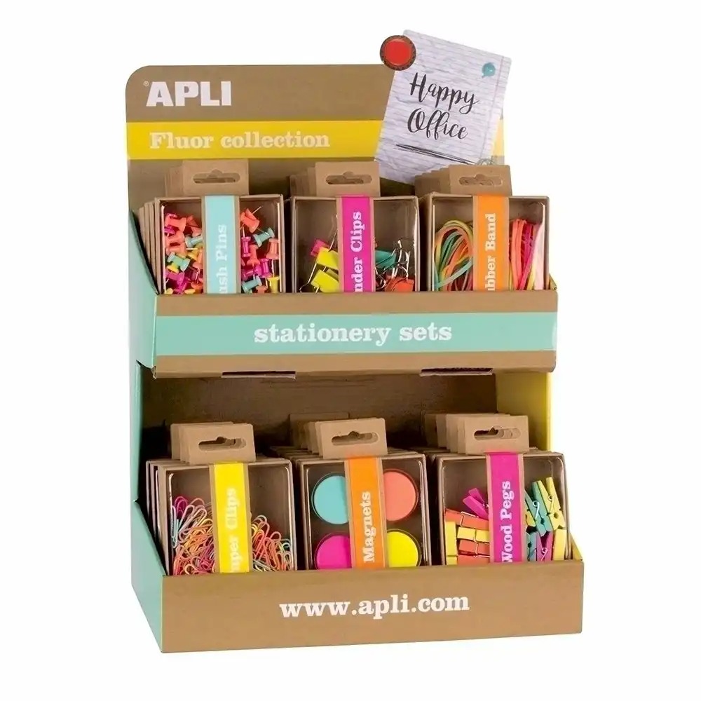 Set accesorii birou Display office FUN Apli, 36 cutii/display, agrafe, elastice, clipsuri, magneti, organizare eficienta