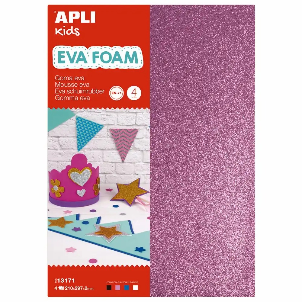 Set 4 coli APLI din spuma EVA cu sclipici, A4, grosime 2 mm, alb/negru/roz/albastru