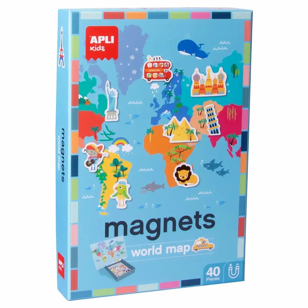 Set magneti Harta Lumii APLI, 36 x 28 cm, 40 magneti, joc educativ interactiv cu monumente si animale